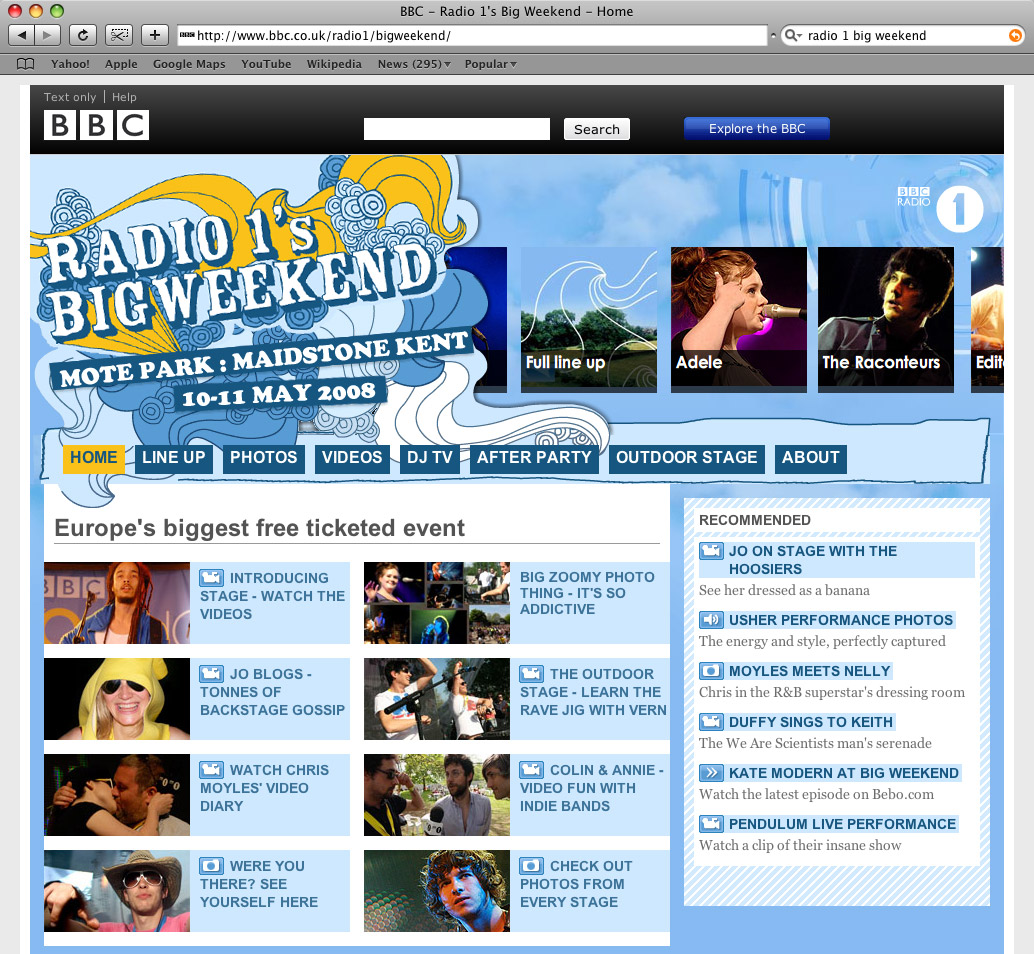 BBC Radio 1's Big Weekend festival homepage design, screenshot taken from live site