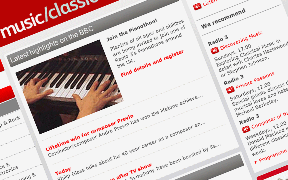 BBC Music genre page 'Classical' design, screenshot taken from live site