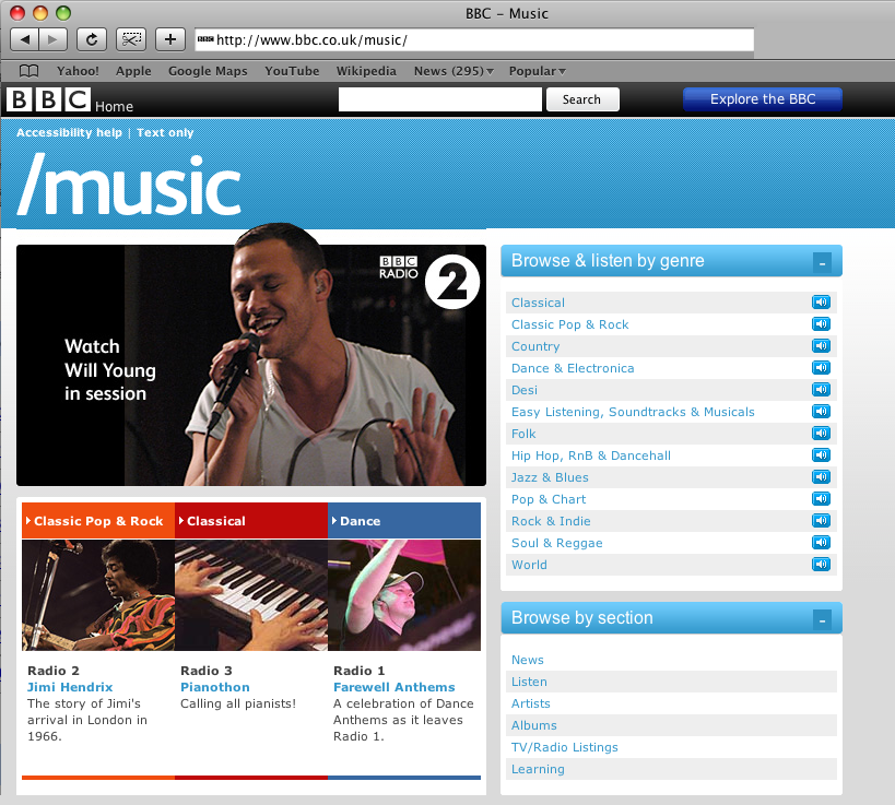 BBC Music homepage design, screenshot taken from live site