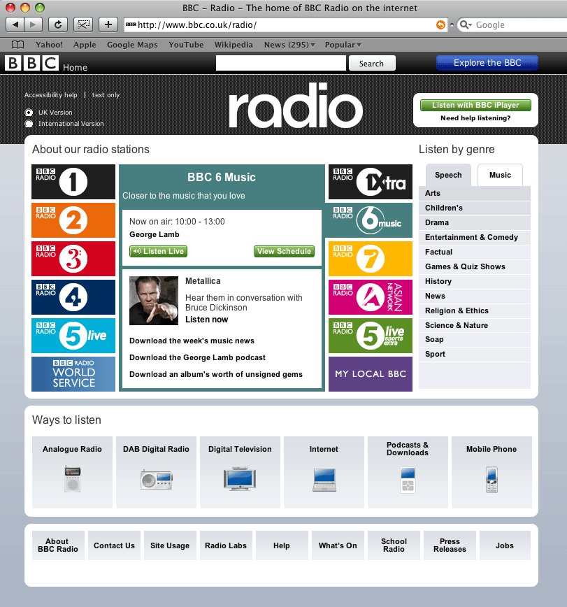 BBC Radio homepage design, screenshot taken from live site