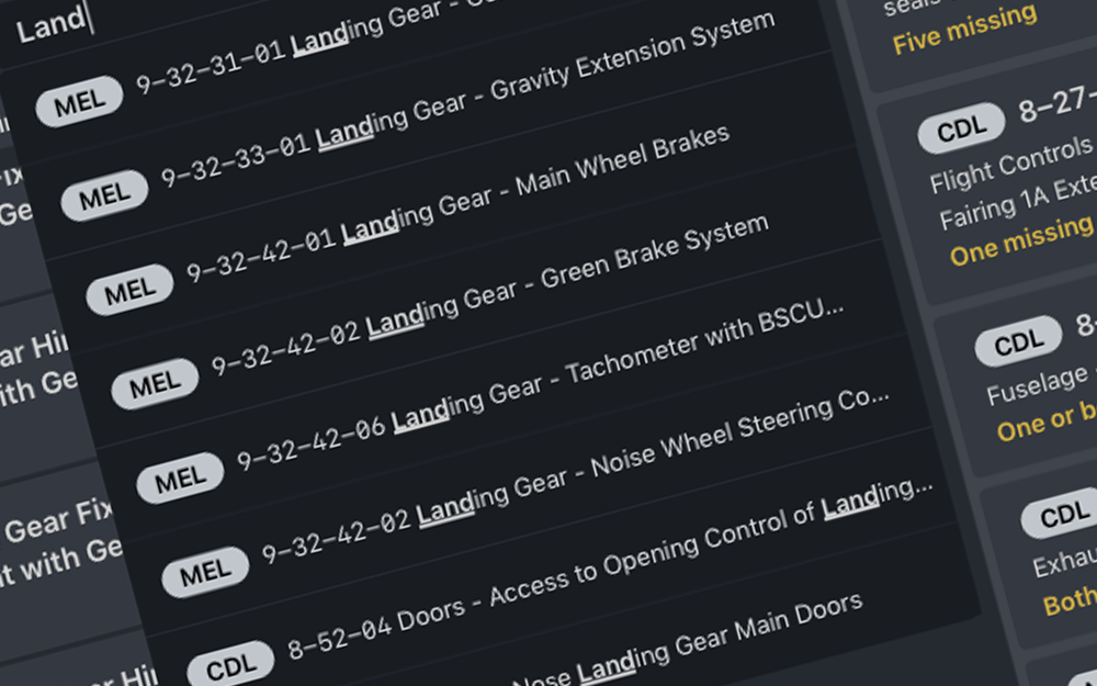 mBriefing Performance Calculator, night mode, landscape MEL/CDL search functionality