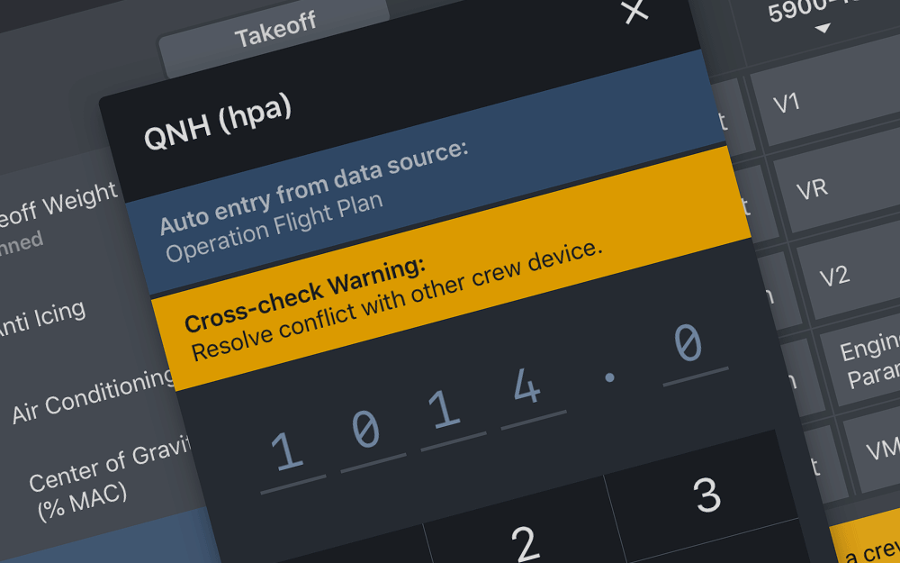 mBriefing Performance Calculator, night mode, numerical input and crew cross-check error