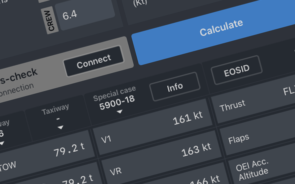 mBriefing Performance Calculator, night mode, 50% no connection to second device